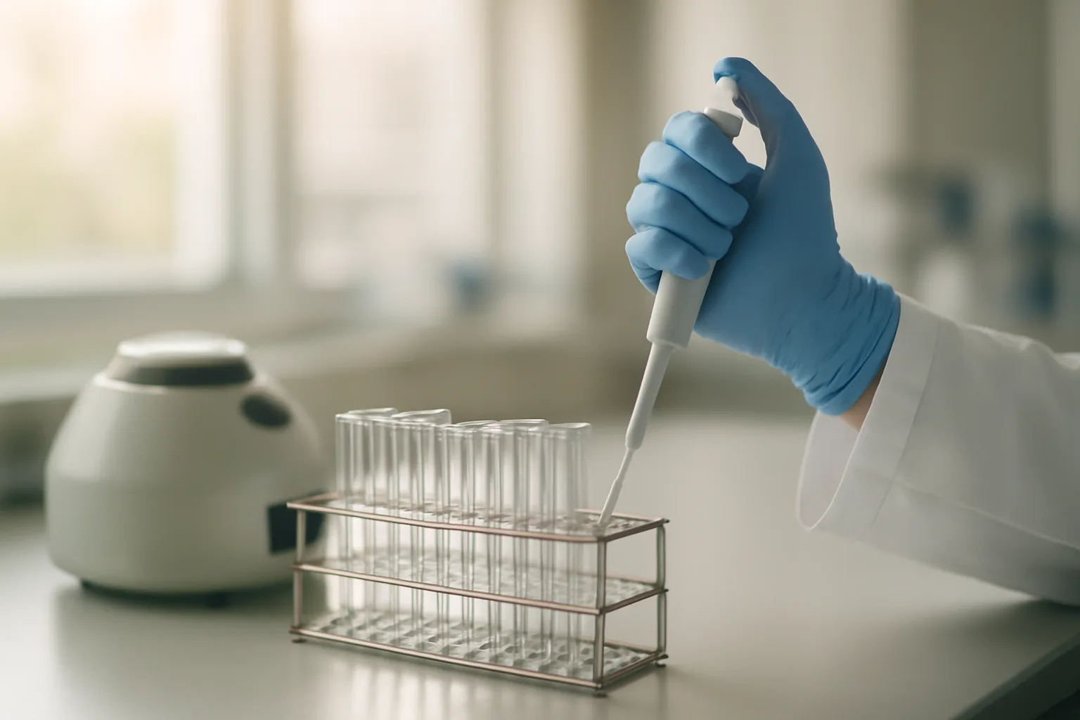 Lab bench with vials and pipette representing TB-500 research, no capsules shown