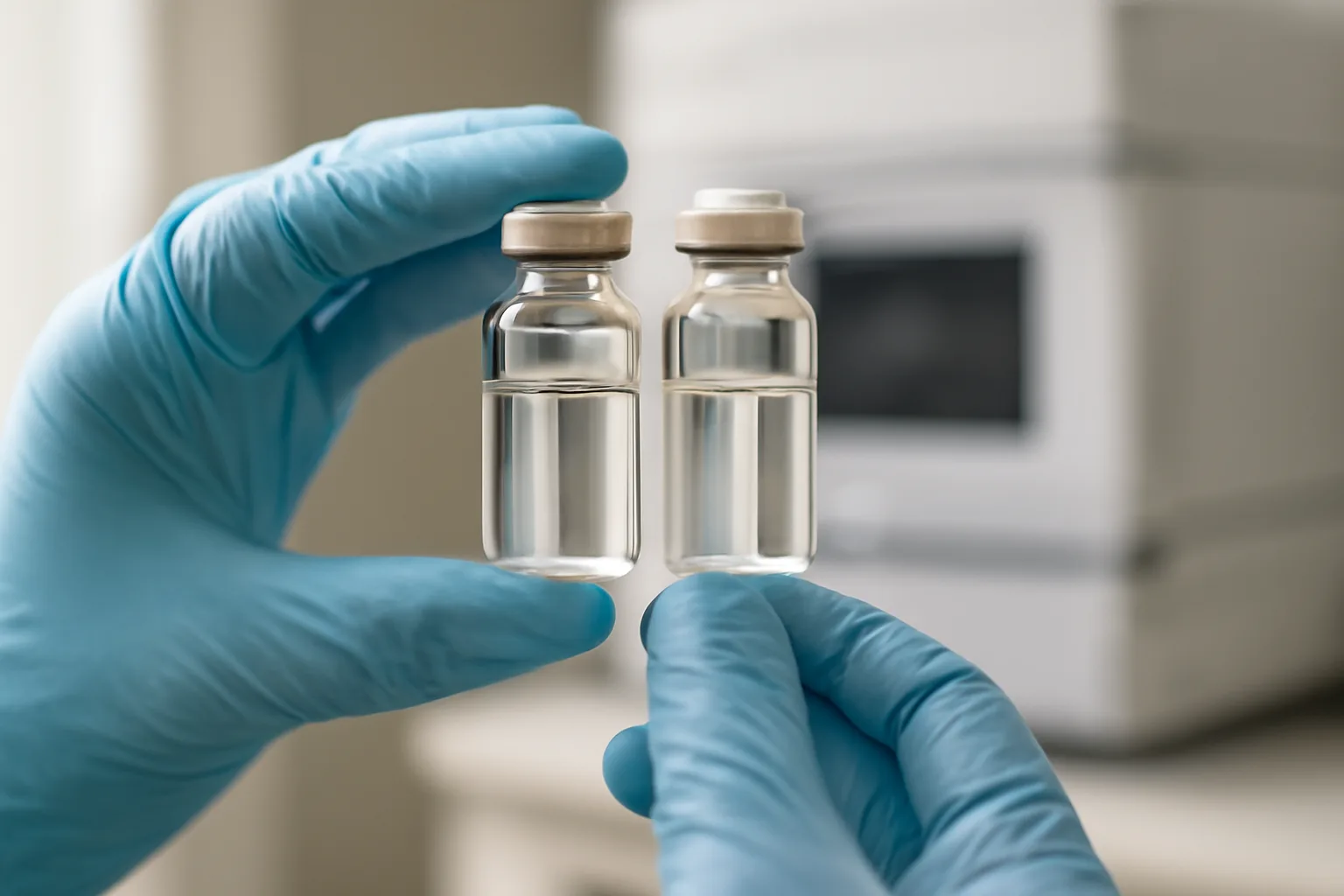 Gloved hands comparing two lab vials on a bench, illustrating tb 4 vs tb 500 research context