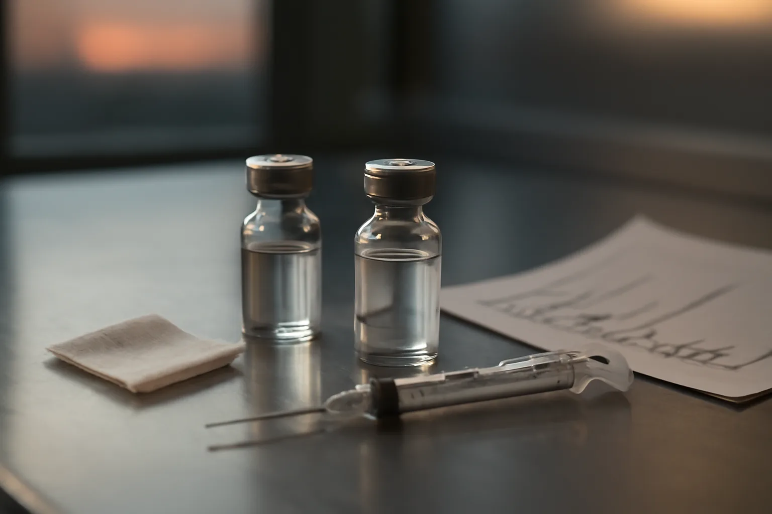 Two unlabeled vials and a syringe on a lab bench representing a TB-500 peptide stack