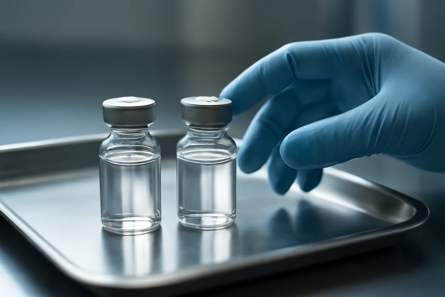 Two unlabeled vials on a steel tray representing TB-500 vs BPC-157 comparison