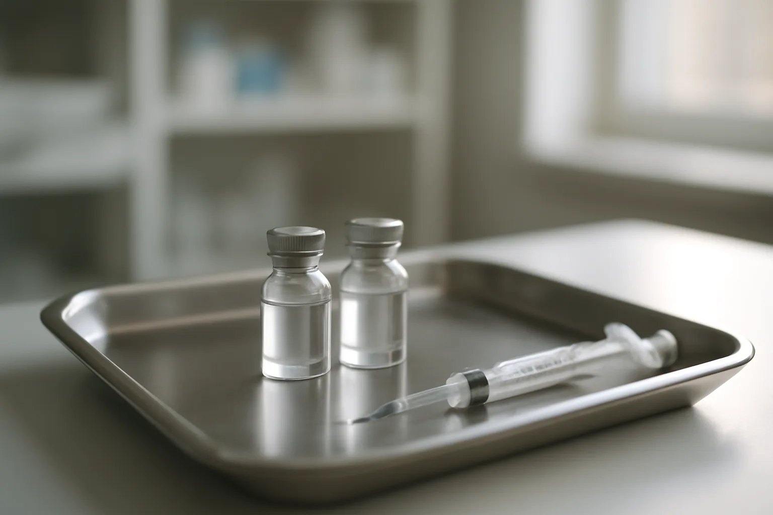 Glass vials and syringe on steel tray comparing TB-500 vs GHK-Cu peptide research