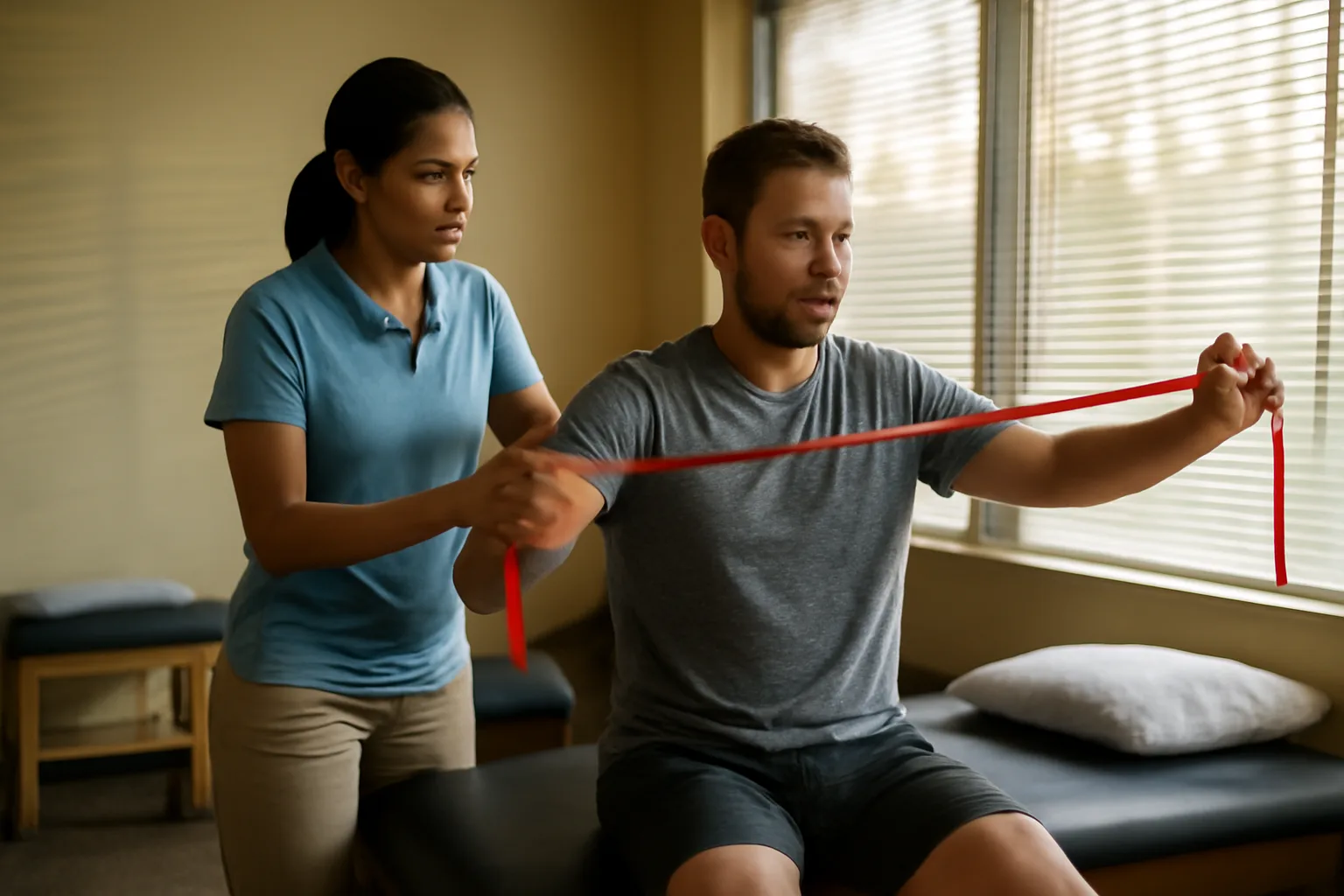 Physical therapist guiding a patient through shoulder rehab exercise in a sunlit clinic