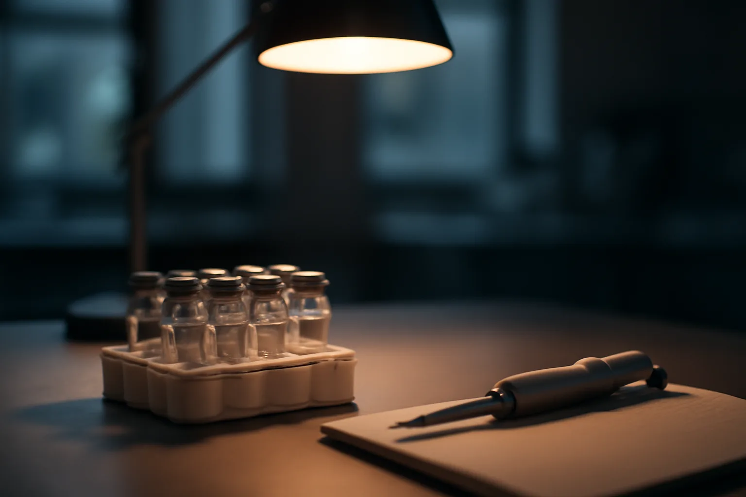 Lab bench with glass vials representing TB-500 and thymosin beta-4 research