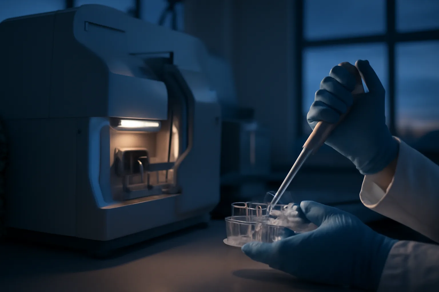 Lab technician using mass spectrometry equipment to analyze a peptide sample