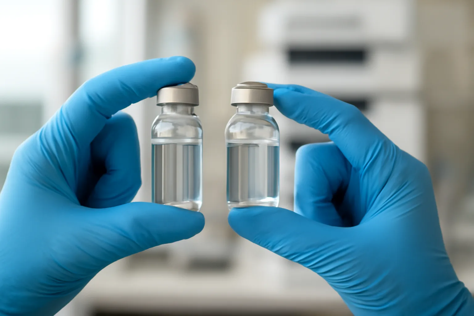 Gloved hands comparing two unlabeled glass vials in a research lab setting