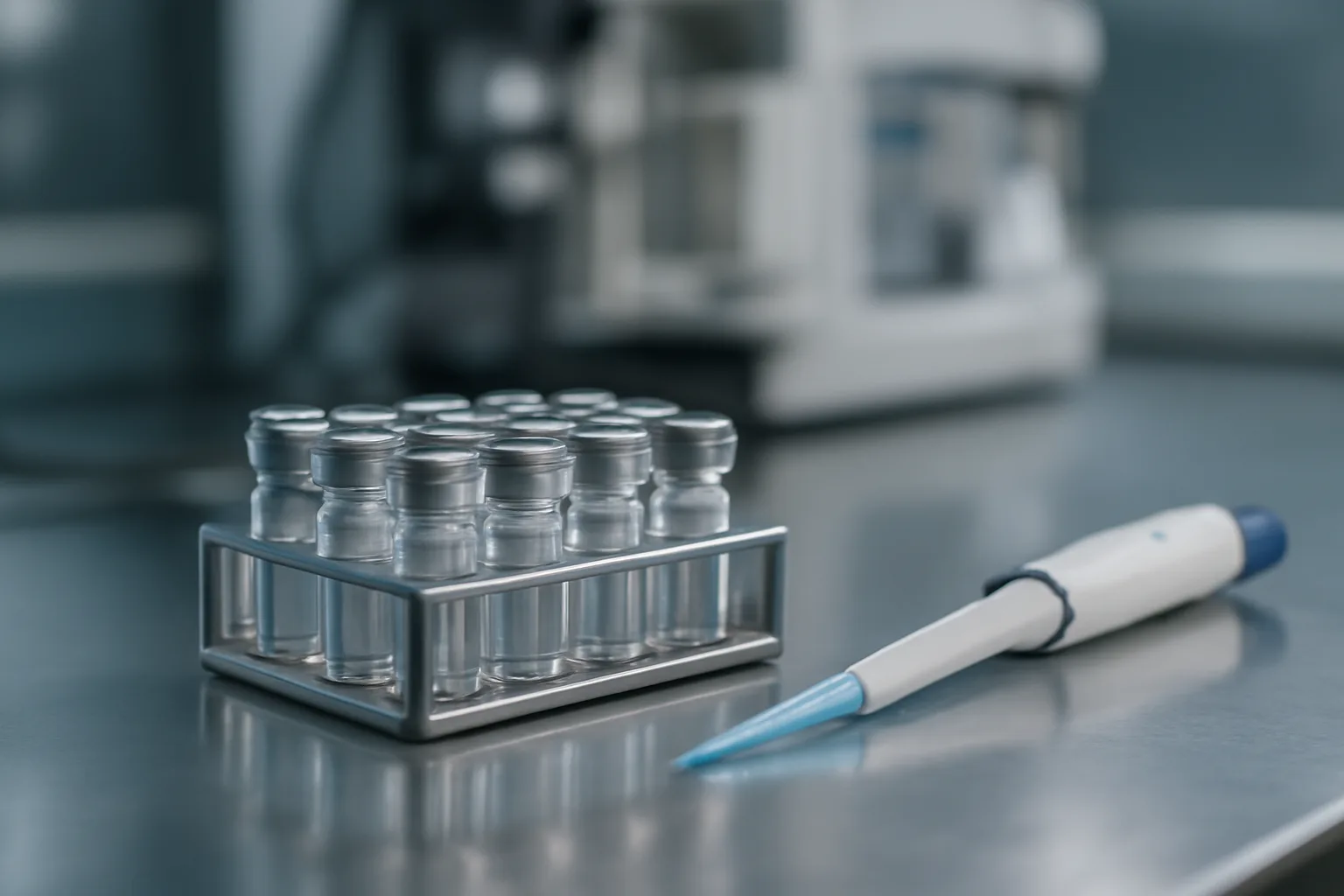 Lab vials and pipette on a steel bench, illustrating thymosin beta-4 vs TB-500 research context