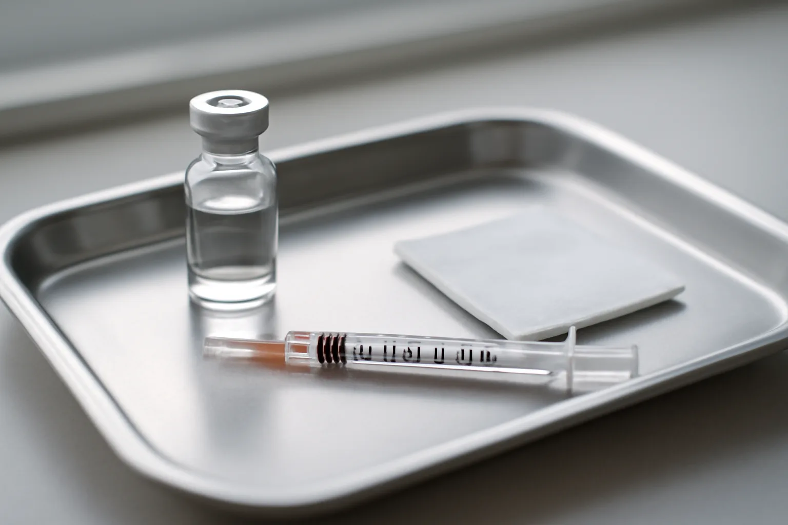 Vial, syringe, and alcohol wipe on a steel tray, set up for reconstituting TB-500