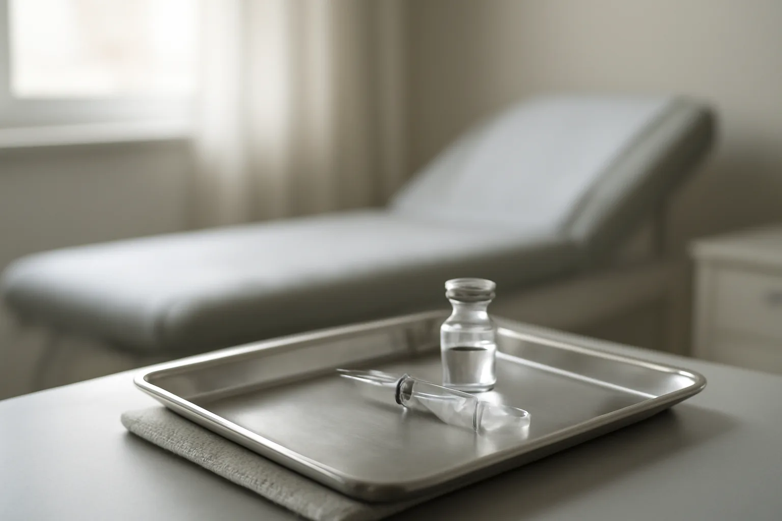 Syringe and vial on a treatment tray representing a TB-500 cycle length protocol