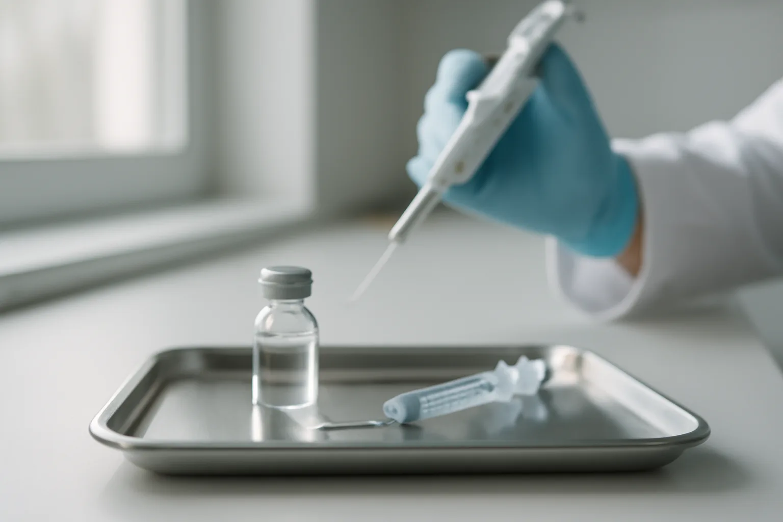 Gloved hand using a micropipette near a vial and syringe on a lab tray