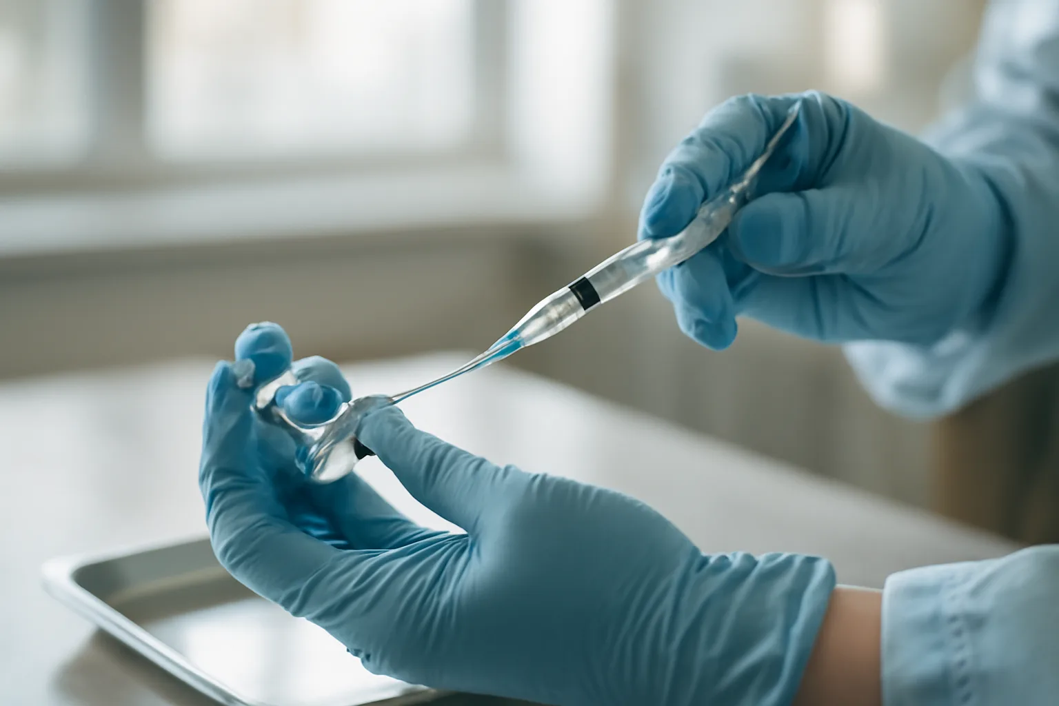 Gloved hands preparing an injectable vial and syringe on a clinical tray