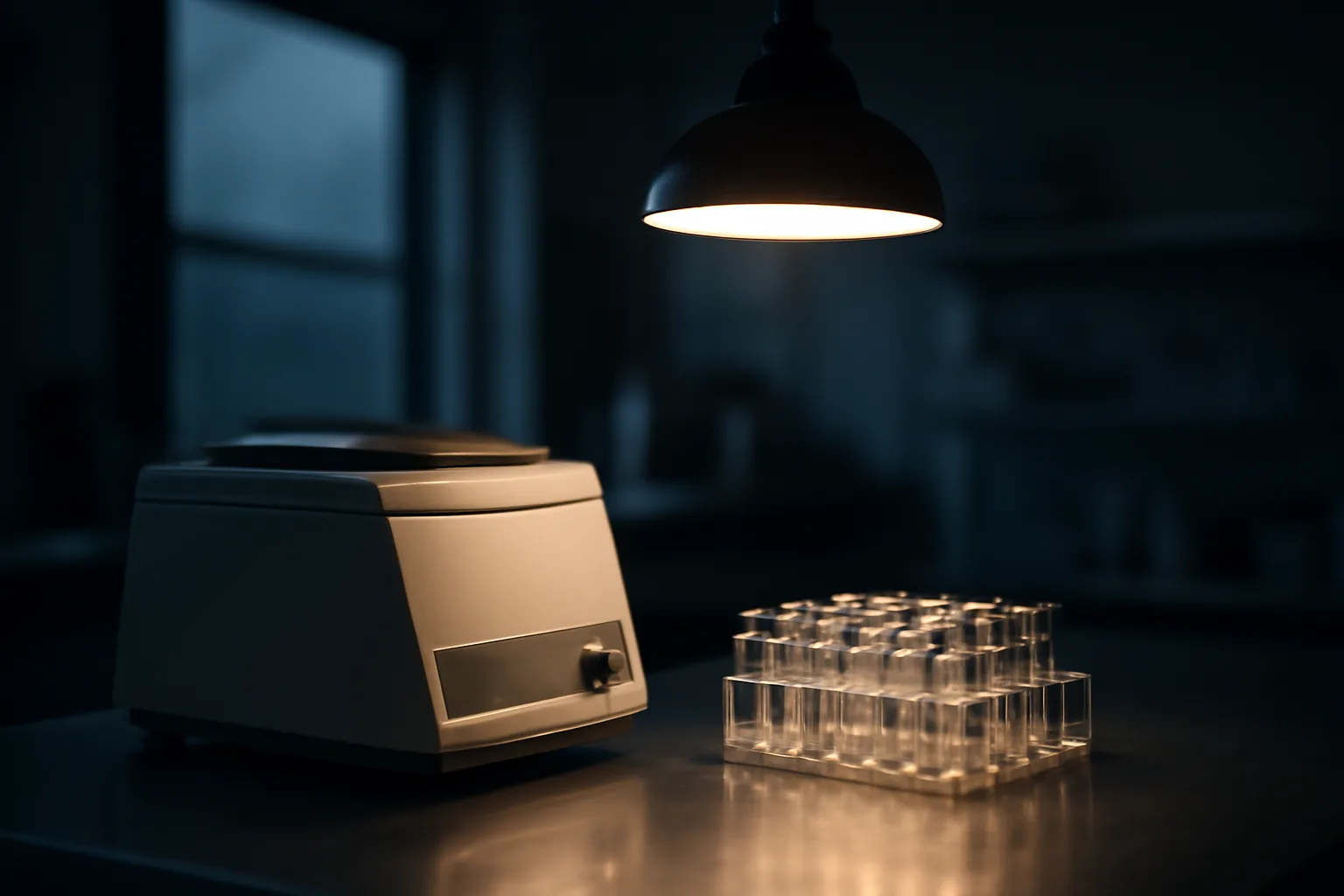 Lab bench with vials and centrifuge, evoking research into tb 500 half life