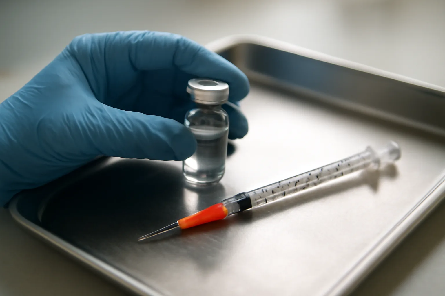 Gloved hand preparing a syringe and vial for a TB-500 injection on a steel tray