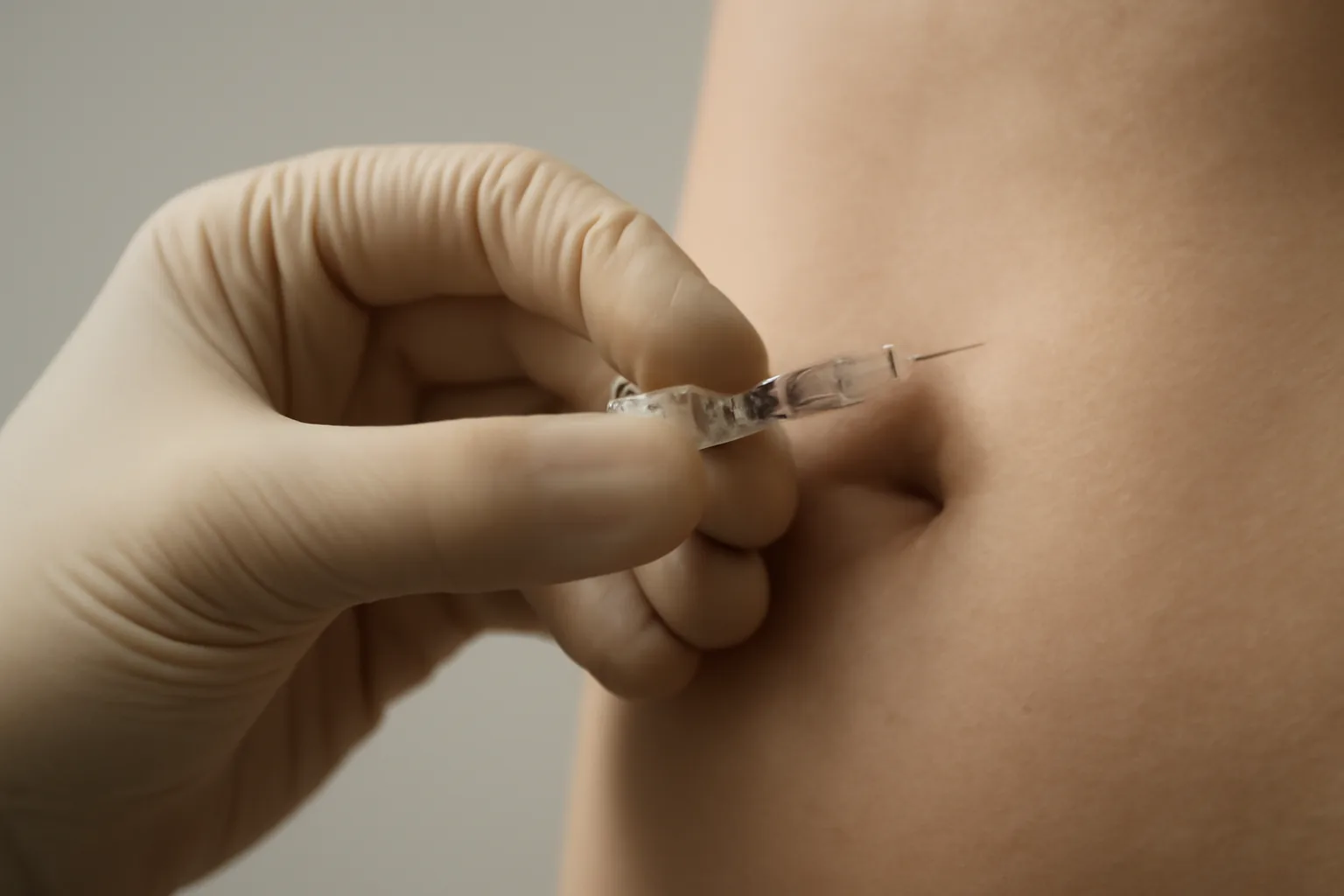 Gloved hand preparing a subcutaneous injection into pinched abdominal skin for TB-500 research use
