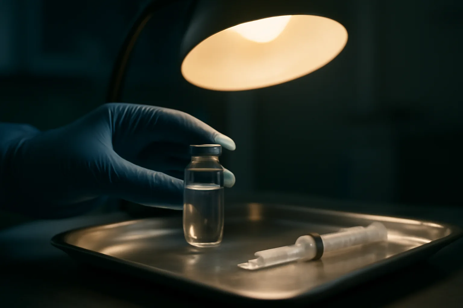 Gloved hand holding a glass vial during TB-500 reconstitution on a steel tray