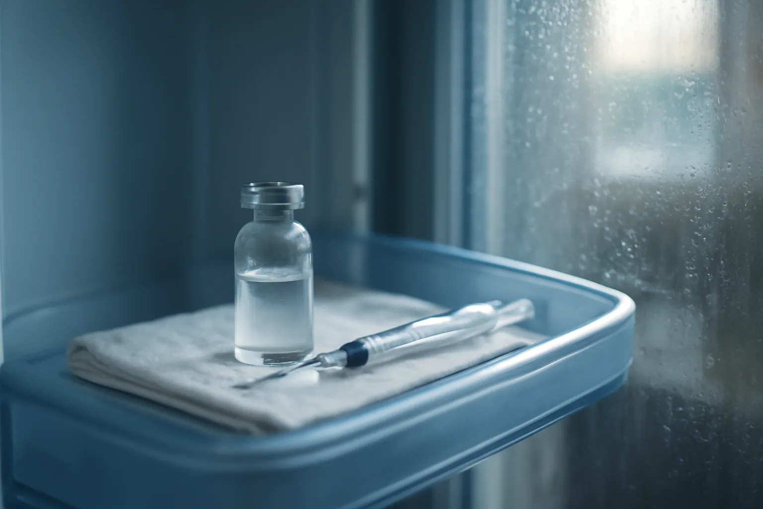 Glass vial and syringe stored on a refrigerator shelf for peptide storage