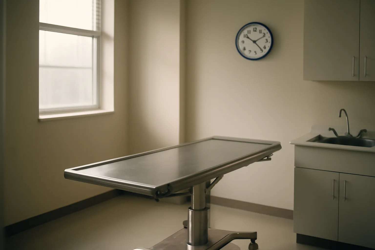 Empty clinical exam room with wall clock, evoking the TB-500 timeline and recovery waiting period