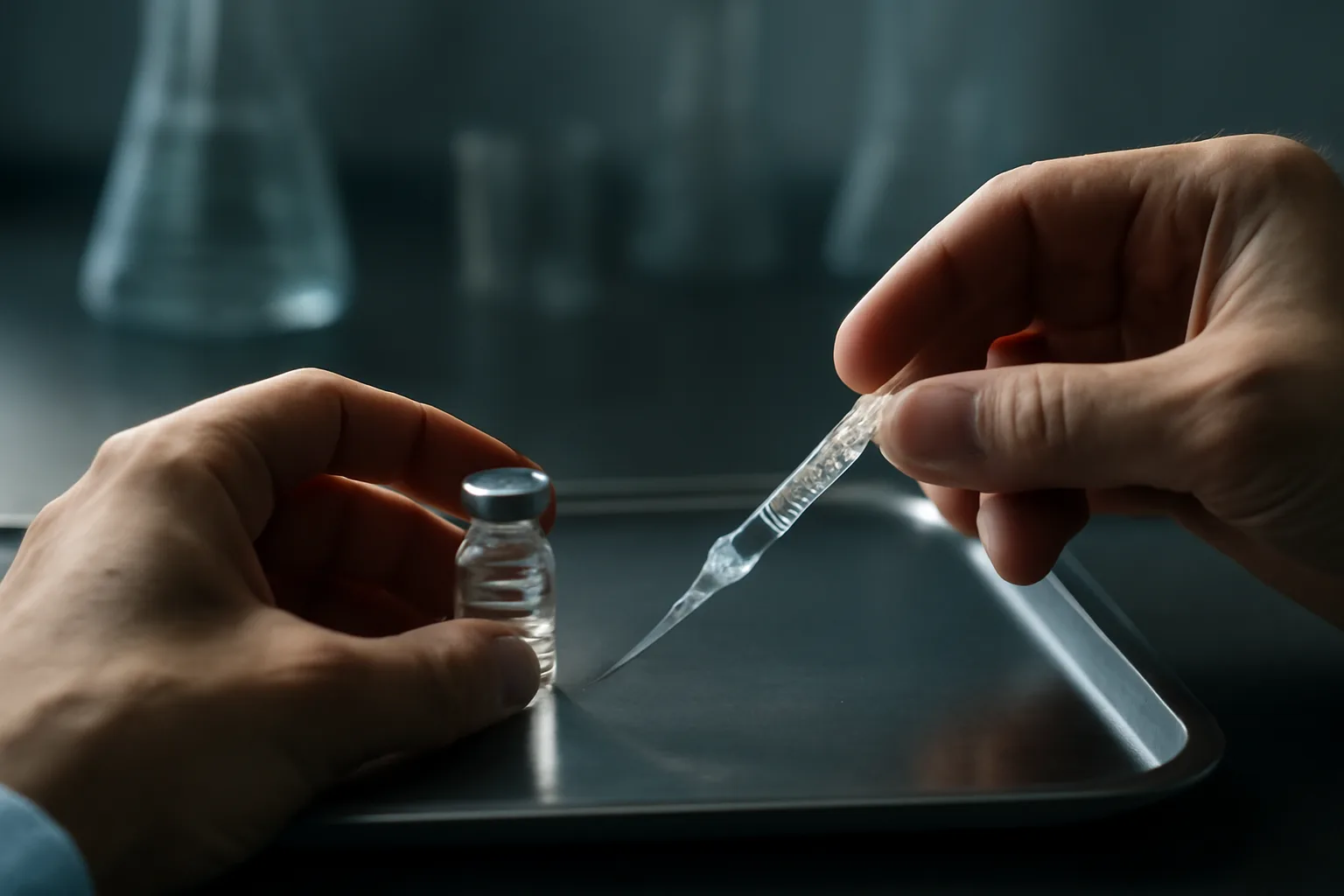 Gloved hands preparing a peptide vial and syringe on a lab tray