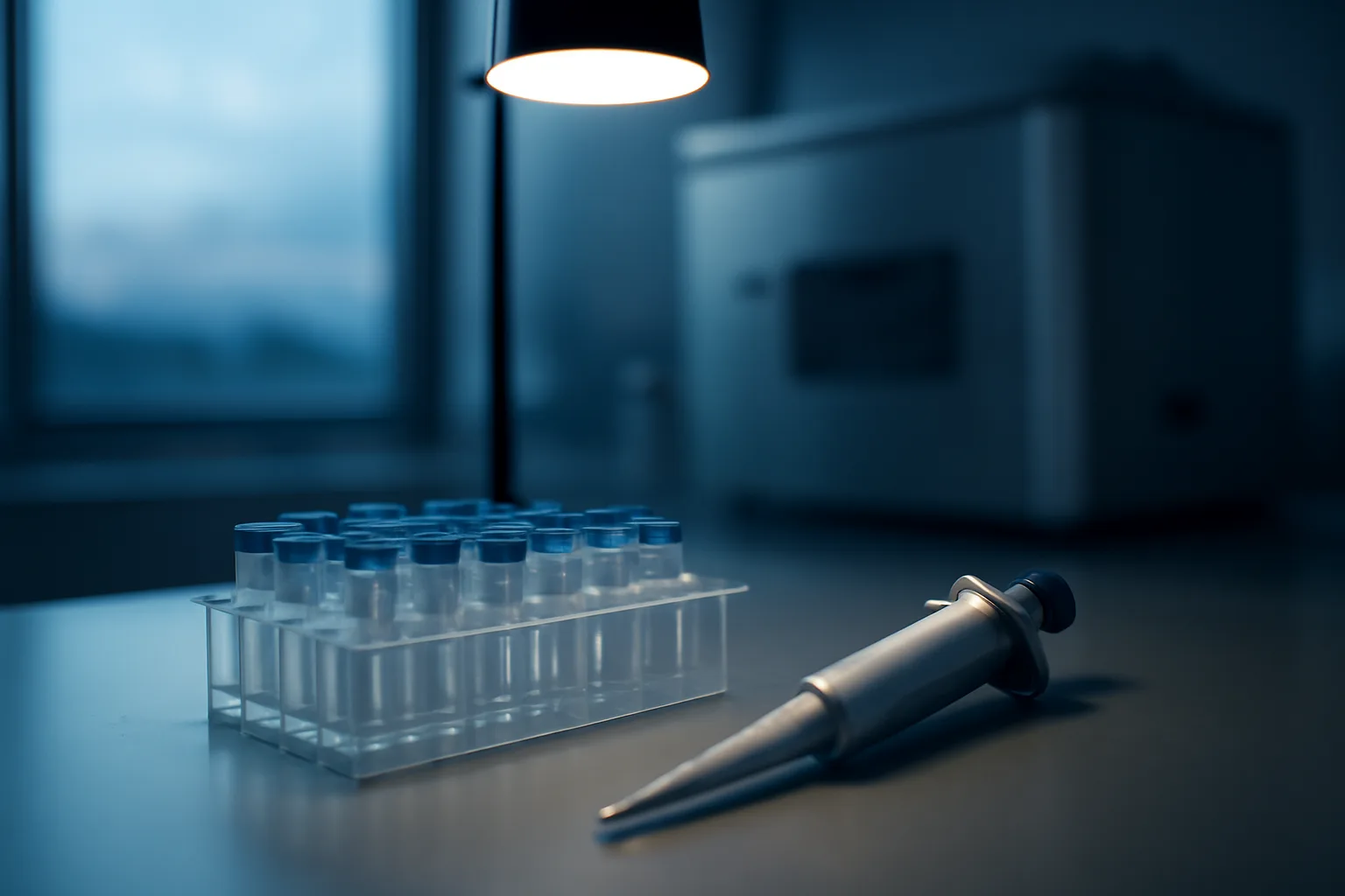 Lab bench with vial rack and mass spectrometer equipment used for TB-500 drug testing