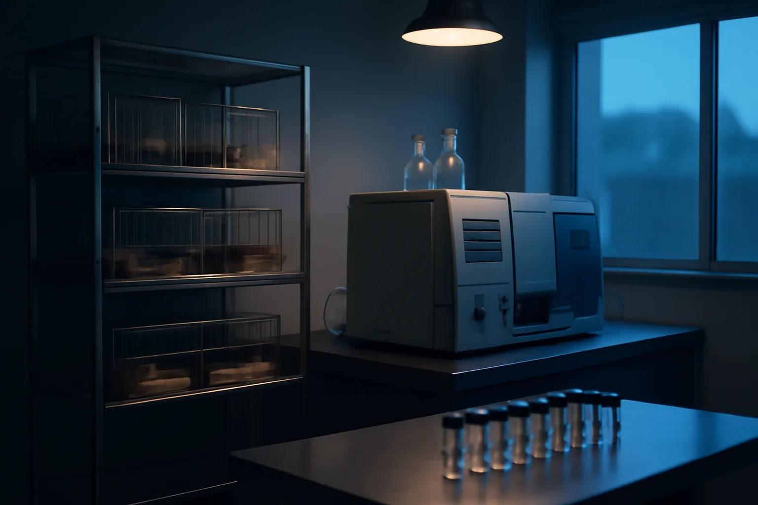Empty research lab bench with chromatography equipment representing TB-500 animal studies versus human evidence