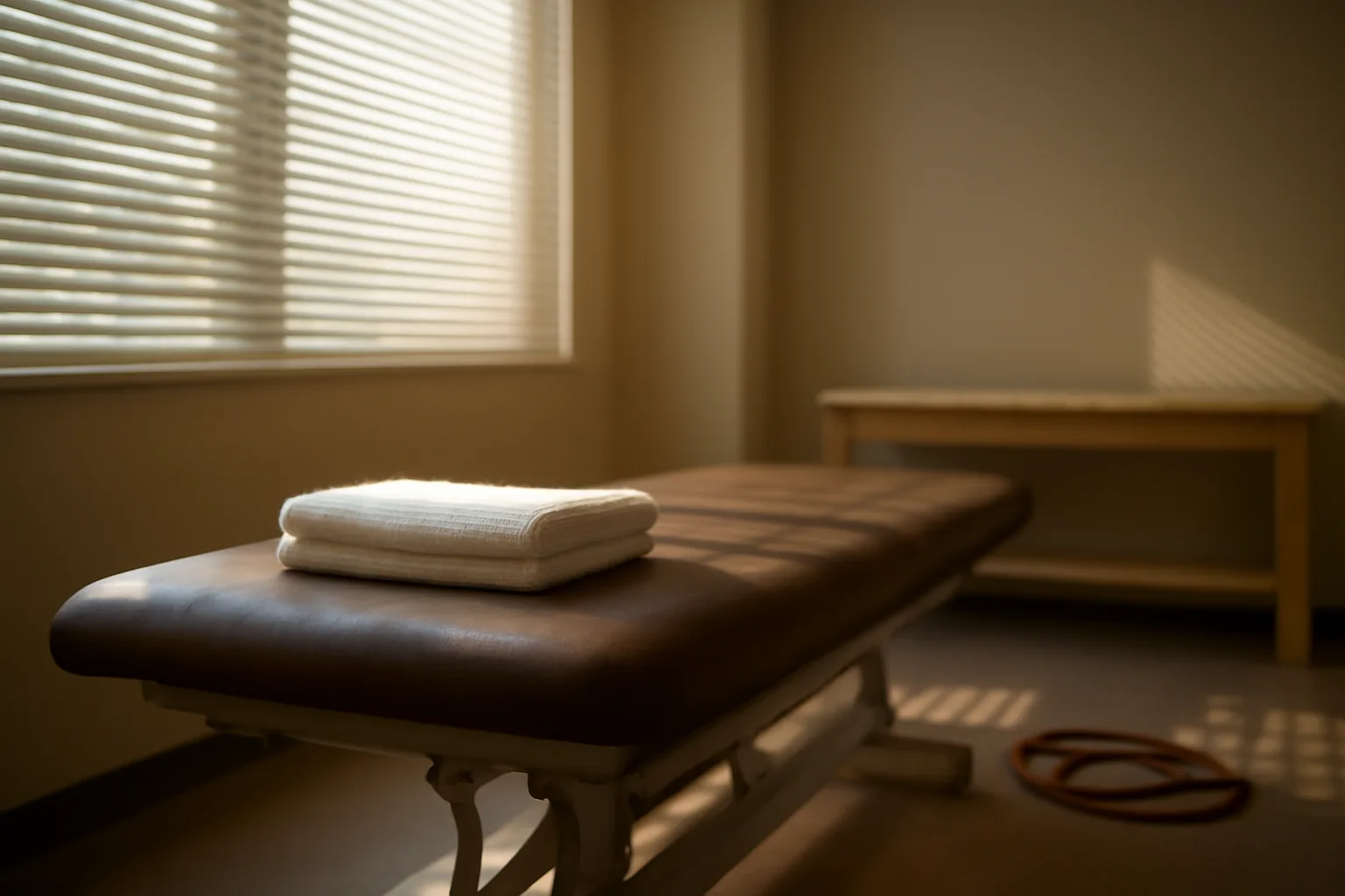 Empty physical therapy table in morning light, representing recovery timelines behind TB-500 before and after claims