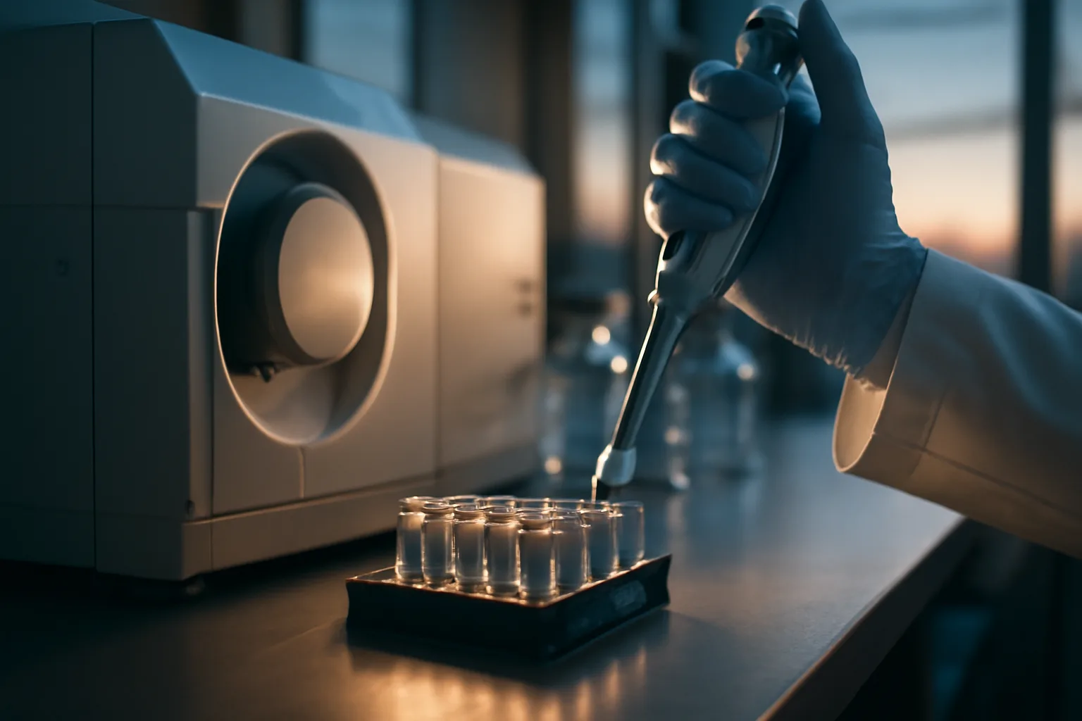Researcher at a mass spectrometer analyzing peptide samples in a lab
