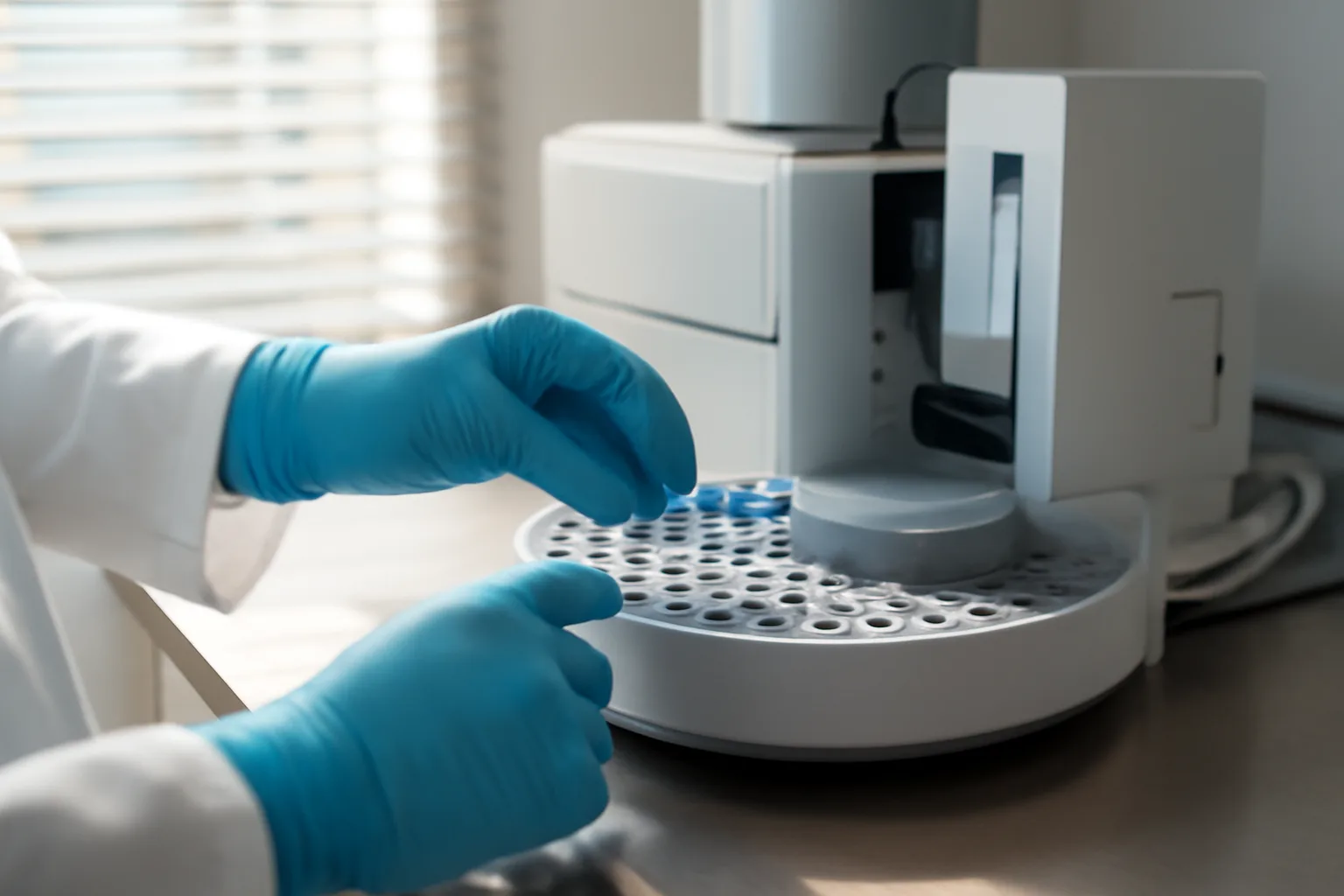 Lab technician loading glass sample vials into a mass spectrometer for peptide analysis