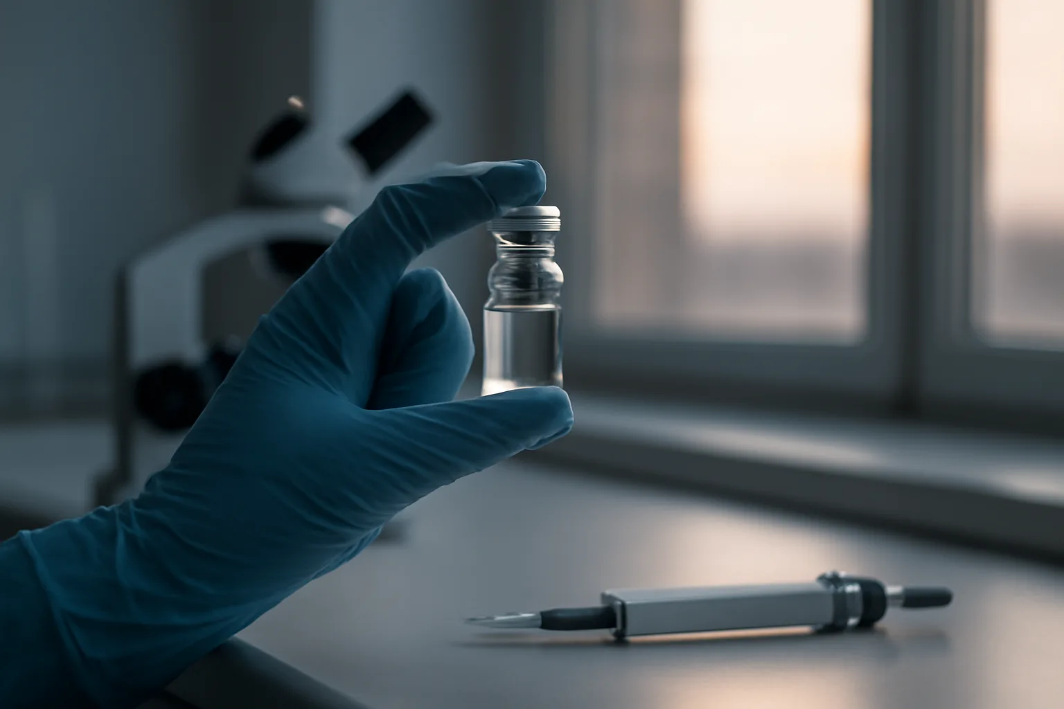 Gloved hand holding a lab vial up to light, studying TB-500 mechanism research