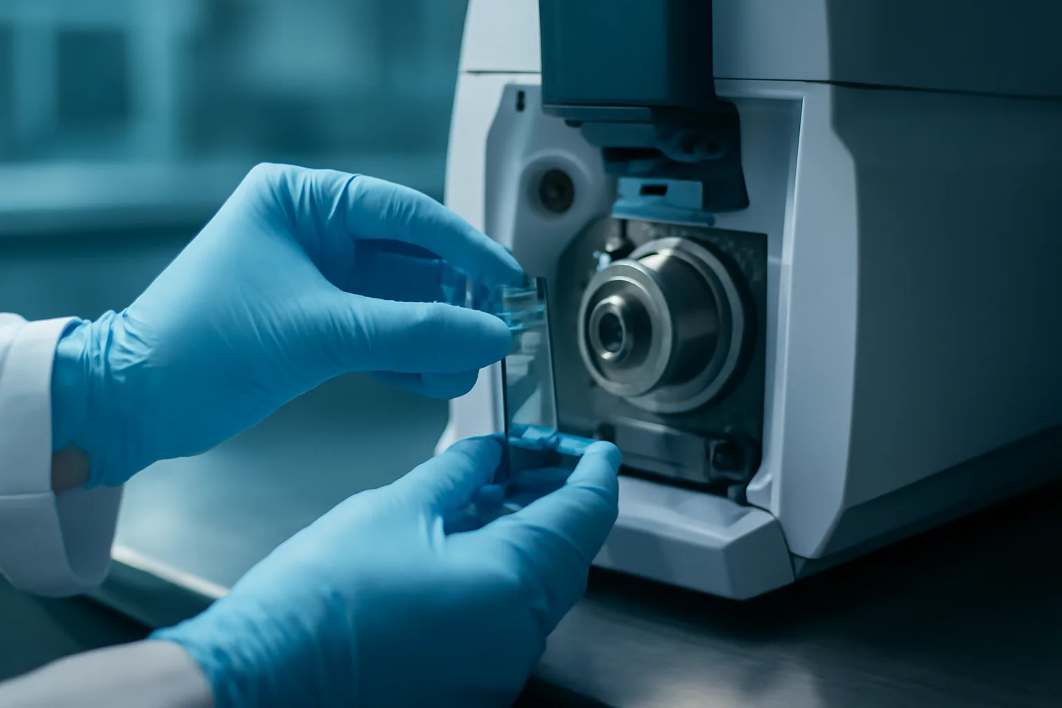 Lab technician loading a vial into mass spectrometry equipment for TB-500 research