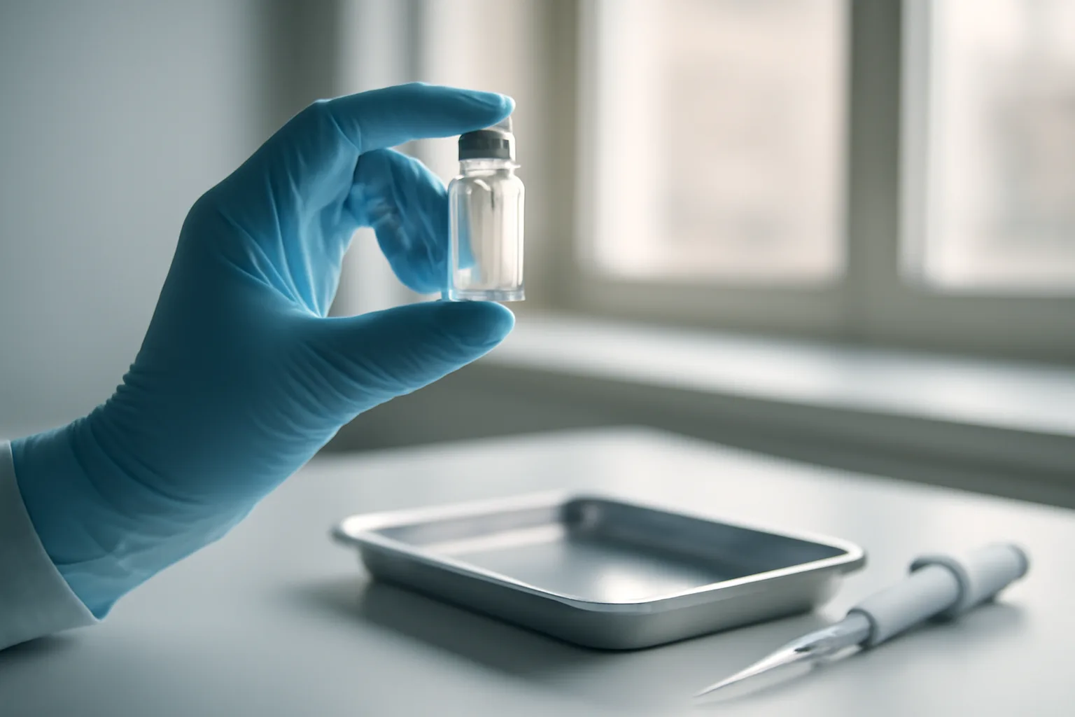 Gloved hand examining a small glass research vial in a clinical lab setting