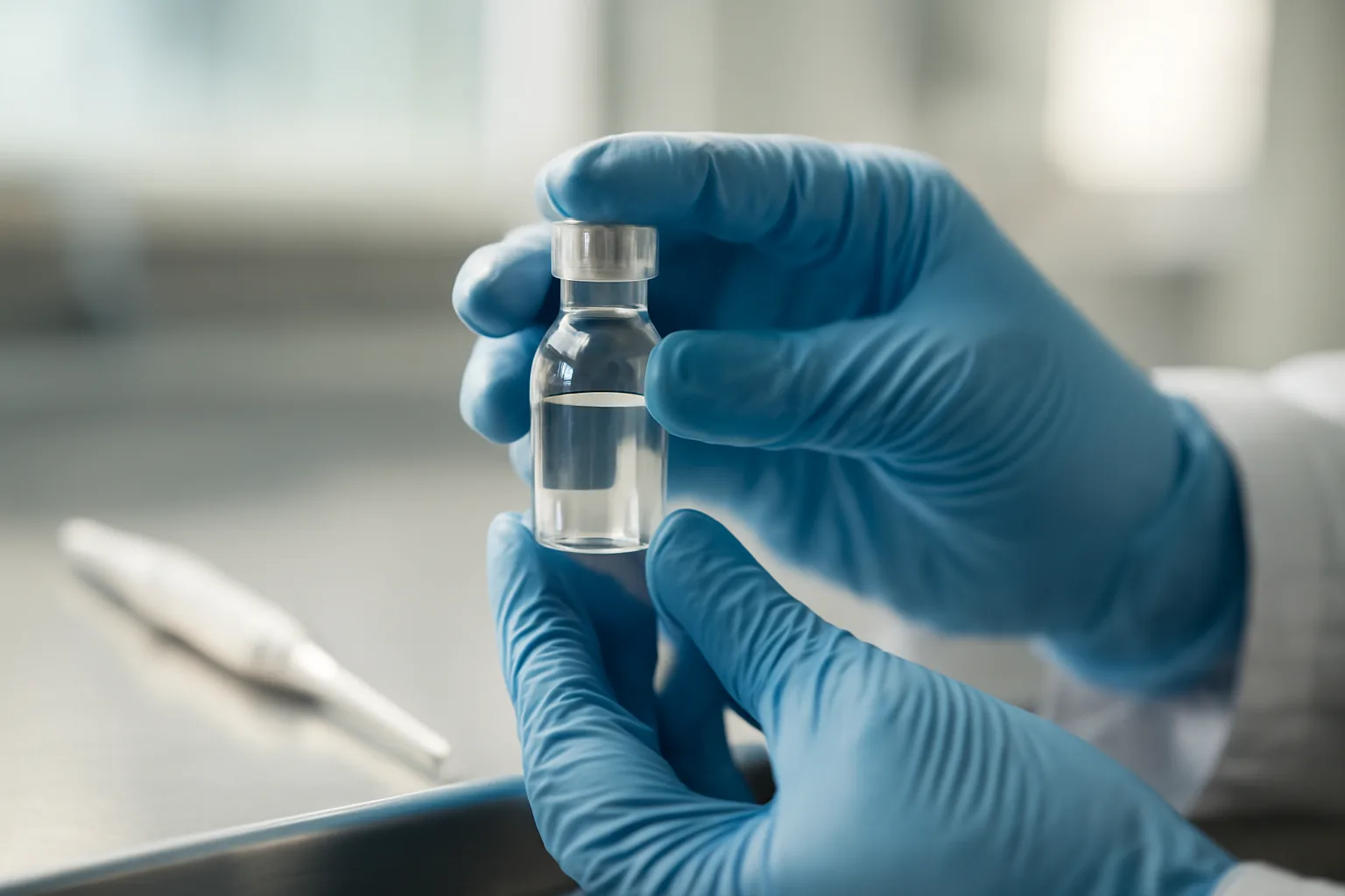 Gloved hands holding a glass vial in a research lab, illustrating TB-500 study conditions