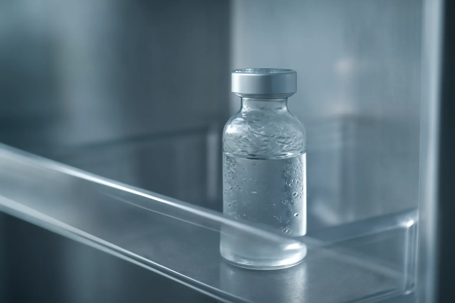 Glass vial stored on a refrigerator door shelf under cool light