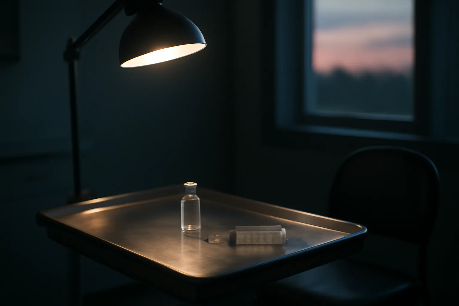 Vial and syringe on a steel tray in a dim clinical room, evoking TB-500 safety questions