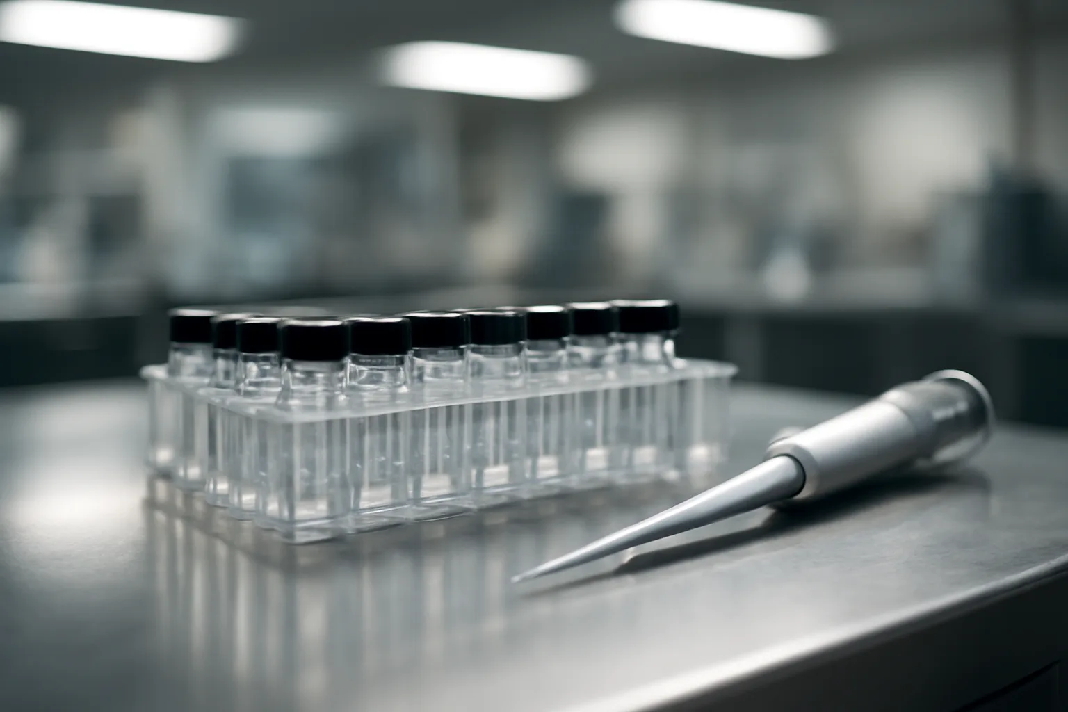 Glass sample vials in a lab rack representing peptide blood work analysis
