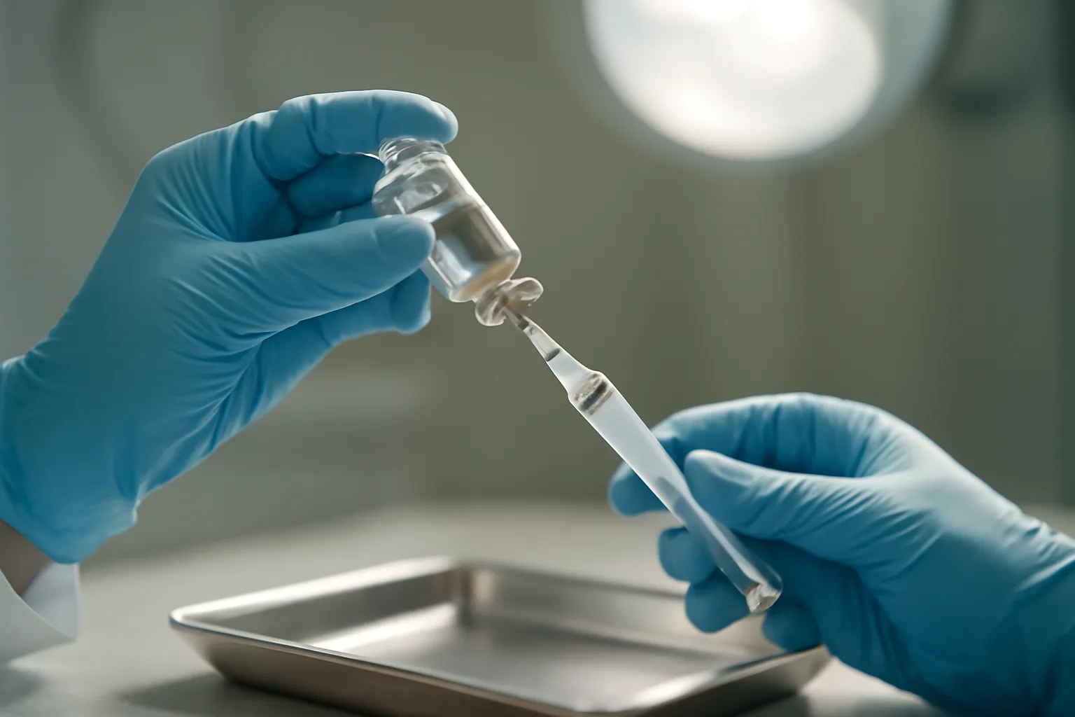 Gloved hands holding an unlabeled vial and syringe in a clinical exam room
