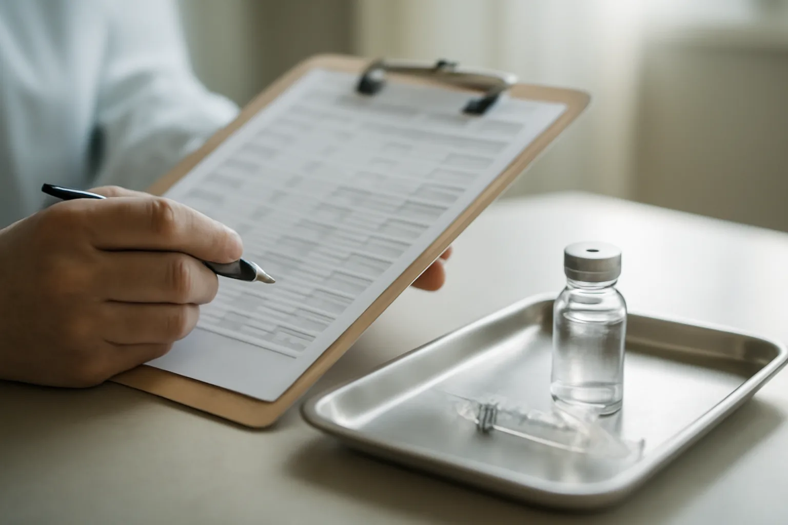 Clinician reviewing medications beside an unmarked vial, representing TB-500 drug interaction caution