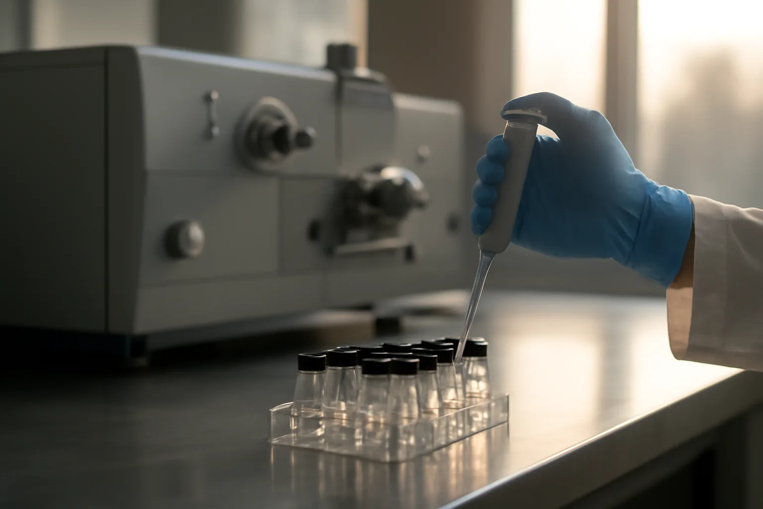 Lab technician using mass spectrometry equipment to test peptide vial purity