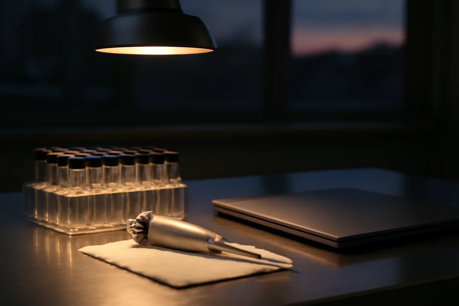 Lab bench with glass vials and pipette, evoking TB-500 peptide research setting