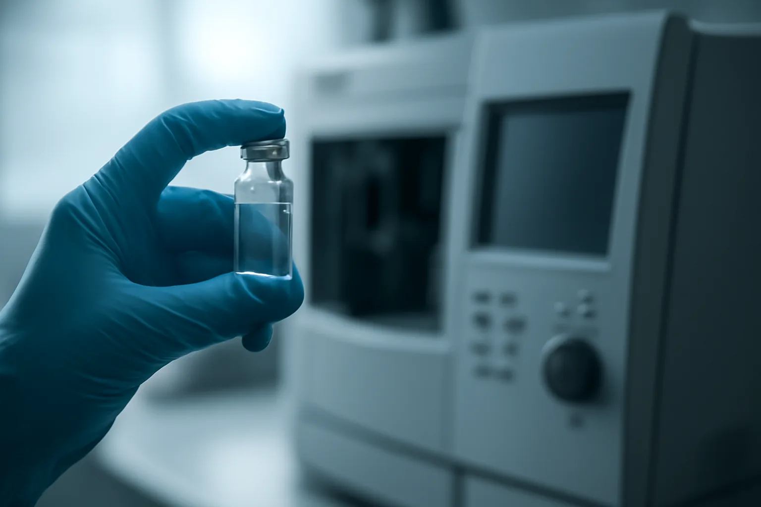 Gloved hand inspecting a glass vial near lab mass spectrometry equipment for quality testing