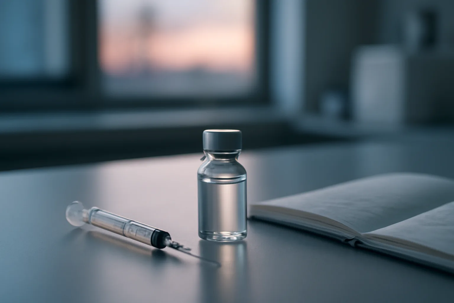 Lab vial and syringe on a bench, evoking TB-500 research and regulatory status