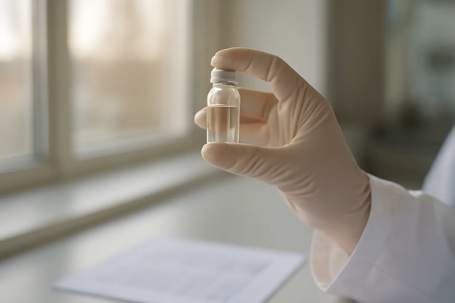 Gloved hands examining a small research vial beside a blurred lab document