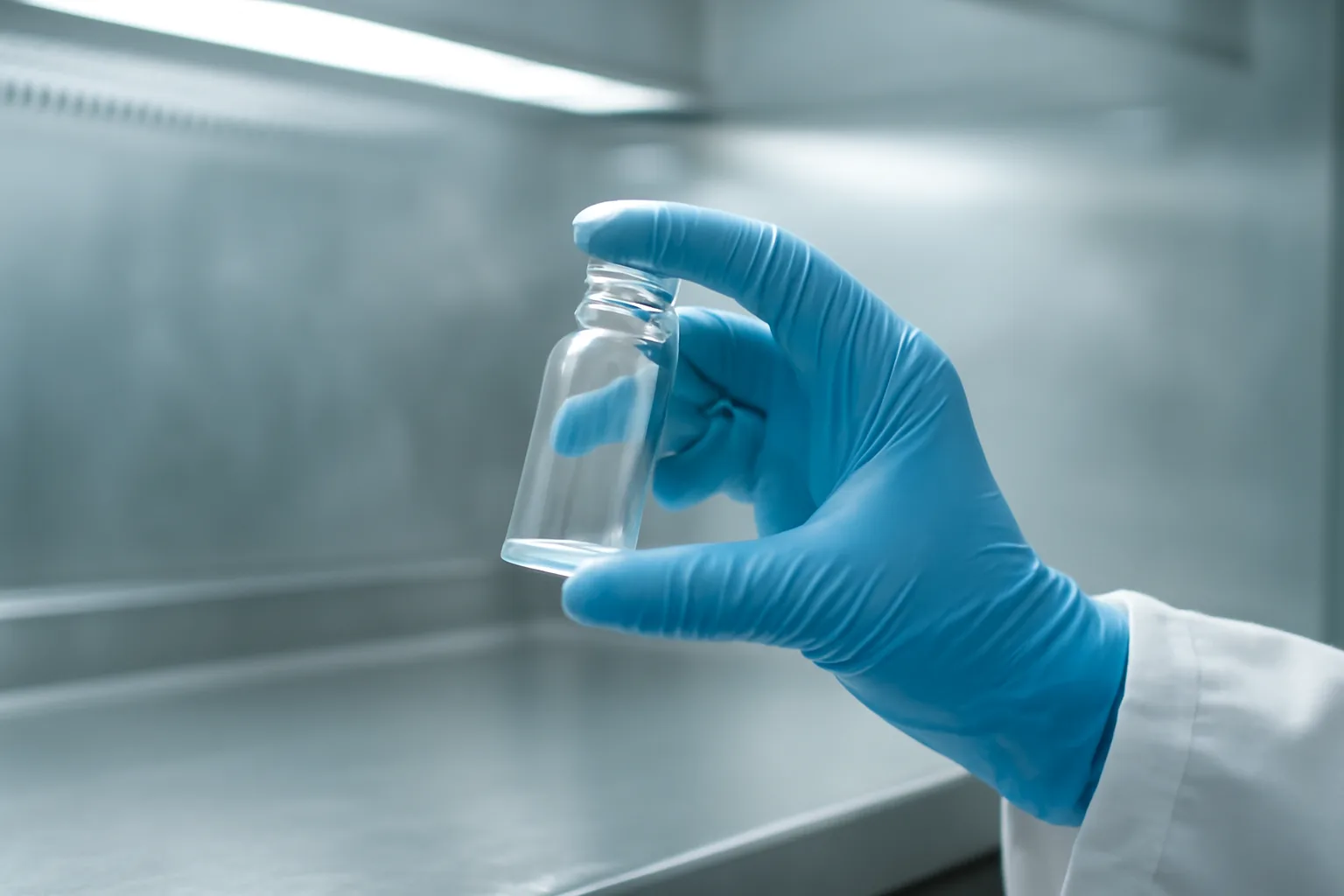 Pharmacist inspecting an empty glass vial at a sterile compounding bench