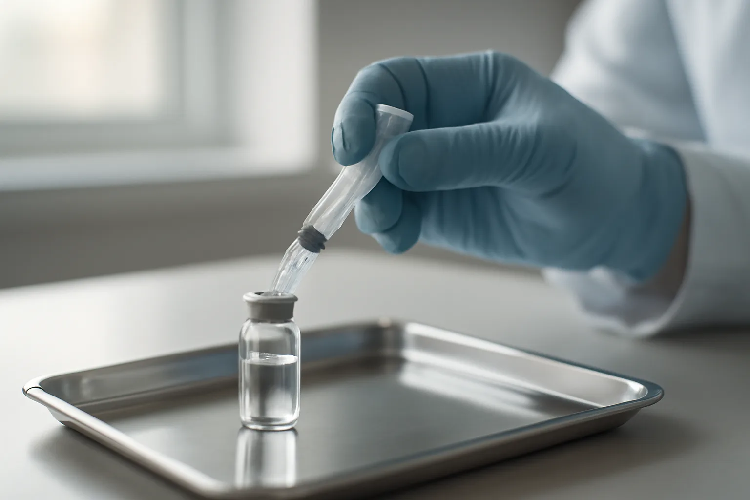 Gloved hands preparing an injectable vial and syringe on a clinical steel tray