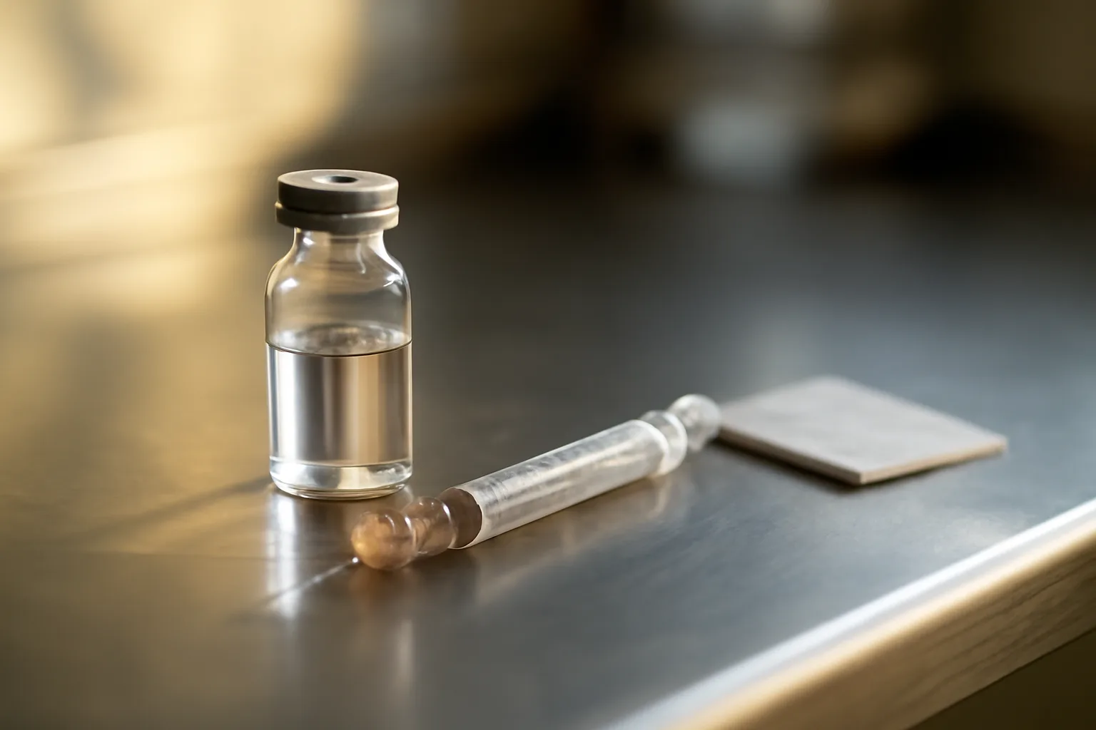 Unlabeled glass vial and syringe on a clinical counter, representing TB-500 sourcing questions