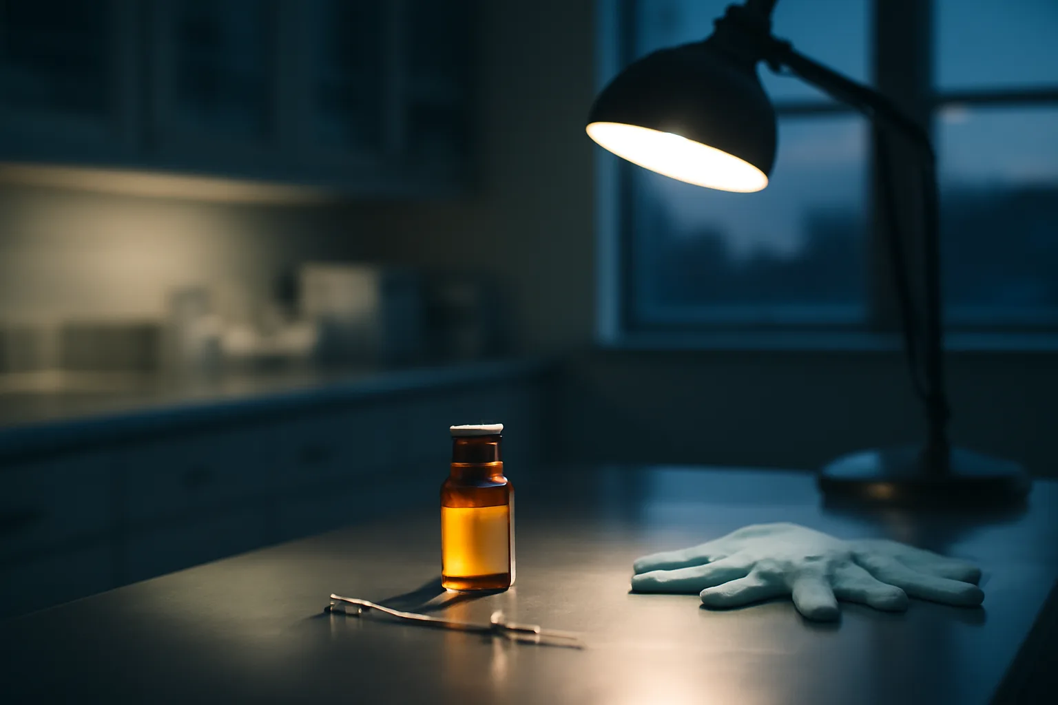 Compounding pharmacy prep counter with vial and syringe under task lighting